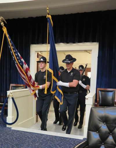 Members of an honor guard practice for today's State of the State address by Gov. Butch Otter to a joint session of the Idaho Legislature. (Betsy Z. Russell)