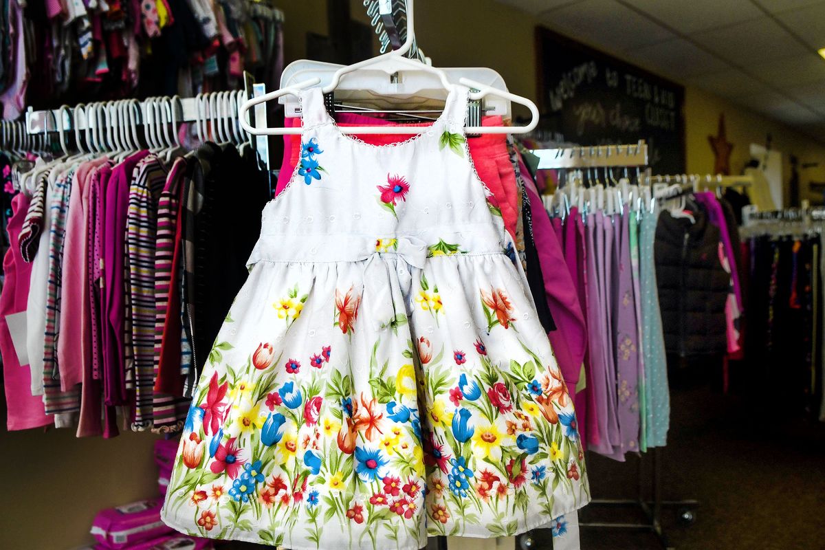 This dress is on display in the Teen & Kid Closet in Spokane on April 13. The outlet, at 307 E. Sprague Ave. downtown, serves about 2,000 kids a year. A fundraiser for Teen & Kid Close is scheduled for Saturday at Historic Flight Foundation.  (Kathy Plonka/The Spokesman-Review)