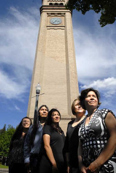 Members of the Spokane Falls Northwest Indian Encampment and Pow Wow committee, who met at Riverfront Park this week, are struggling to raise money for the event. From left are Sharon Ortiz, David Williams, Kenia Rios, Heidi Silver and Wilma Cartagena.  
 (Christopher Anderson / The Spokesman-Review)