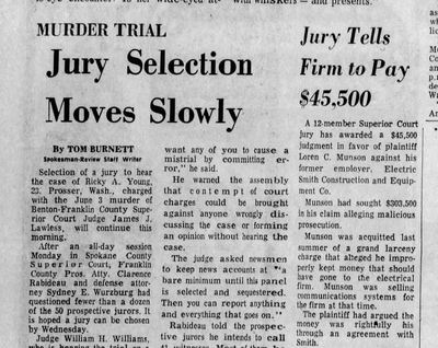 Ricky A. Young, 23, of Prosser, was on trial in Spokane on charges of sending a mail bomb to a Pasco judge, who died when the bomb exploded in his chambers, The Spokesman-Review reported on Dec. 3, 1974.  (Spokesman-Review archives)