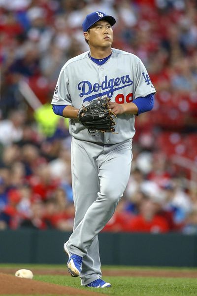 Los Angeles Dodgers starting pitcher Hyun-Jin Ryu pauses at the back of the mound during the second inning of a baseball game against the St. Louis Cardinals, Monday, April 8, 2019, in St. Louis. (Scott Kane / Associated Press)