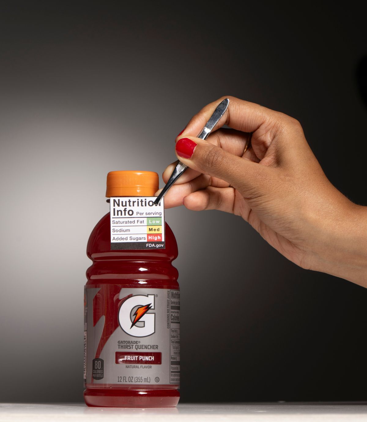 A potential FDA label for Gatorade would include red (“high”) for added sugars, yellow (“medium”) for sodium and green (“low”) for saturated fat. UNC researchers say the label is confusing to the average consumer: “What would you do if you pulled up to a stoplight and all three colors were signaling at once?” MUST CREDIT: Marvin Joseph/The Washington Post  (Marvin Joseph/Washington Post)