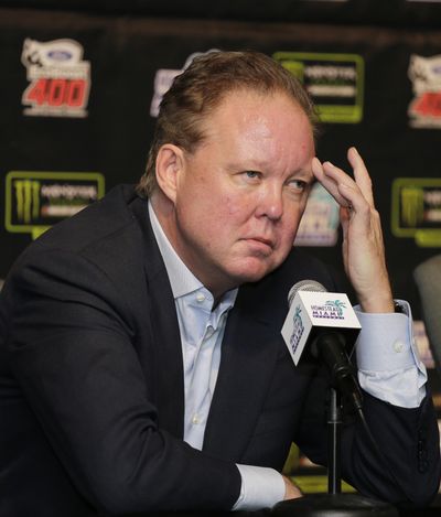 In this Nov. 19, 2017 photo, Brian France, NASCAR Chairman, ponders a question during a news conference at Homestead-Miami Speedway in Homestead, Fla. (Terry Renna / Associated Press)