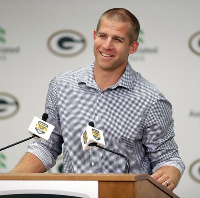 Jordy Nelson answers questions during a press conference at Lambeau Field in Green Bay, Wis., Tuesday, Aug. 6, 2019. Nelson signed a one-day contract with the Packers on Tuesday and announced his retirement after 11 seasons, 10 of which he spent in Green Bay. (Sarah Kloepping / Post-Crescent via AP)