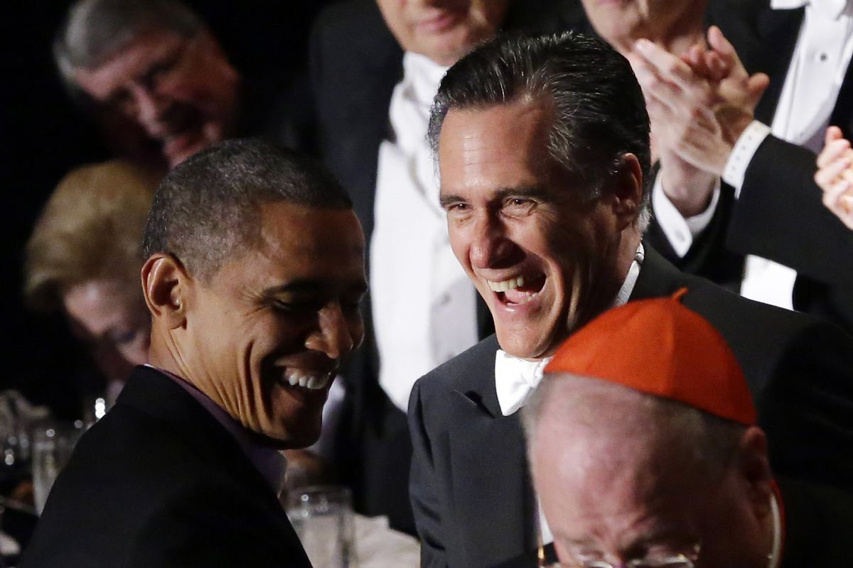 Republican presidential candidate and former Massachusetts Gov. Mitt Romney and President Barack Obama laugh as Romney gets up to address the 67th annual Alfred E. Smith Memorial Foundation Dinner, a charity gala organized by the Archdiocese of New York, Thursday, Oct. 18, 2012, at the Waldorf Astoria hotel in New York. (Charles Dharapak / Associated Press)