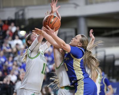 Deer Park’s Jacey Boesel, right, fights for possession against Lynden during a State 2A girls basketball tournament quarterfinal game on Thursday in Yakima.  (S. Carter Action Images)