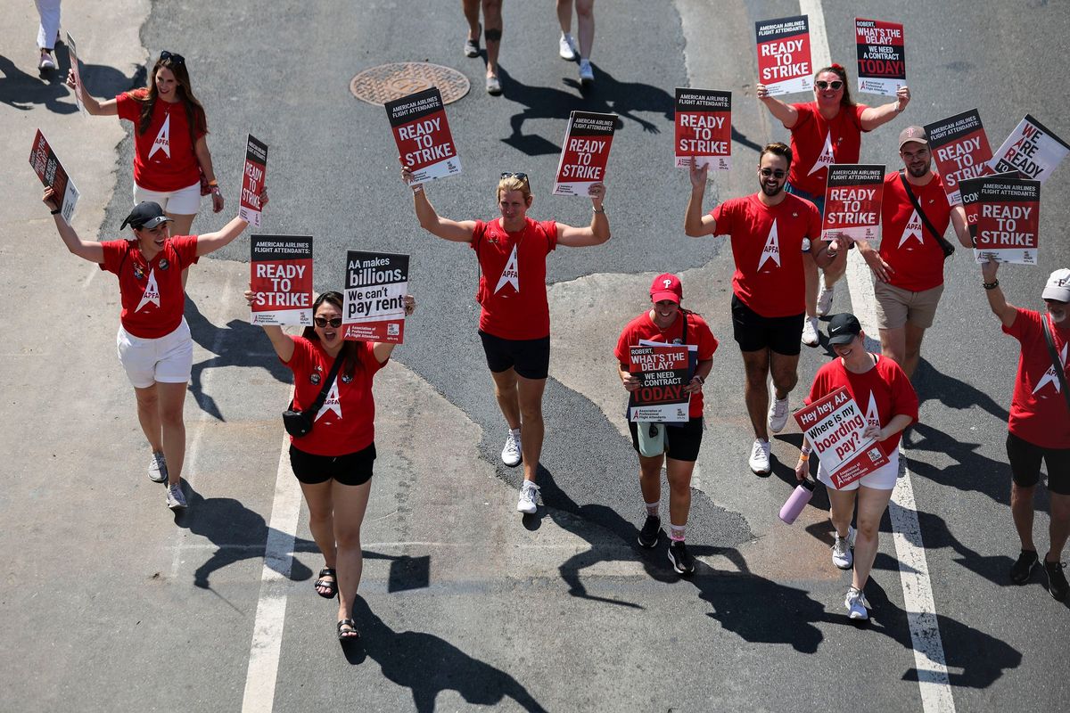 Members of the Association of Professional Flight attendants march in Philadelphia