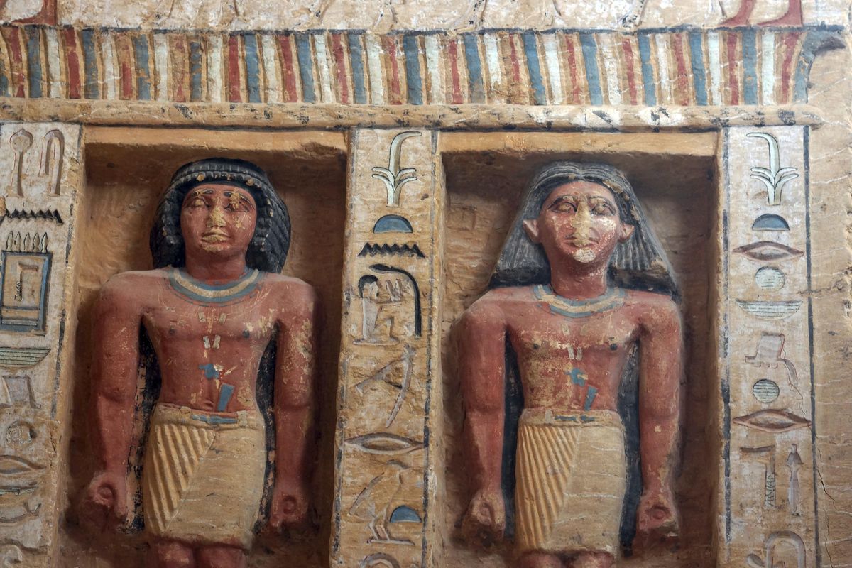 Relief statues are seen at the recently uncovered tomb of the Priest royal Purification during the reign of King Nefer Ir-Ka-Re, named “Wahtye”, at the site of the step pyramid of Saqqara, in Giza, Egypt, Saturday, Dec. 15, 2018. The Egyptian Archaeological Mission working at the Sacred Animal Necropolis in Saqqara archaeological site succeeded to uncover the tomb, Antiquities Minister Khaled el-Anani, announced. (Amr Nabil / AP)
