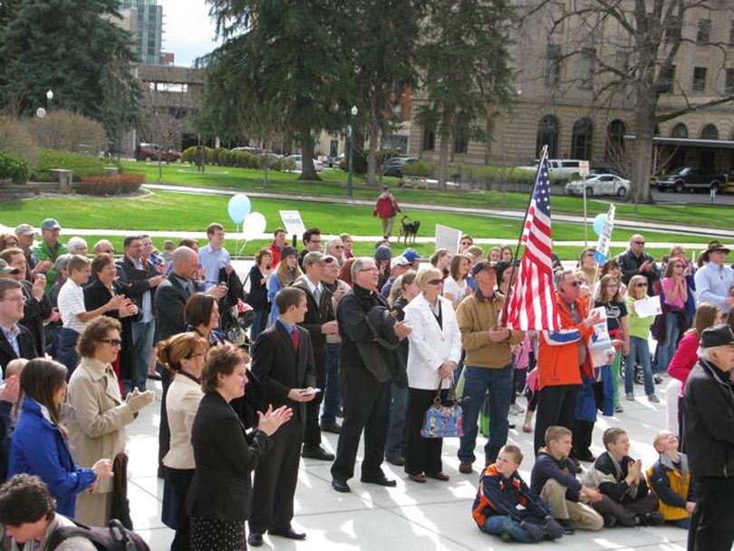 About 150 supporters of legislation requiring Idaho women to have an ultrasound before an abortion gather on the Statehouse steps Monday afternoon; opponents of the bill scheduled a vigil for the same location later in the evening. (Betsy Russell)
