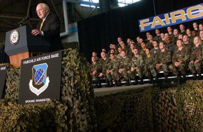 
Vice President Dick Cheney addresses about 600 airmen at Fairchild Air Force Base on Monday  afternoon. 
 (Kathryn Stevens / The Spokesman-Review)