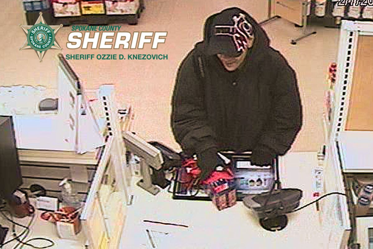 The Spokane County Sheriff's Office is seeking help identifying this man, suspected of robbing an Albertson's pharmacy on Feb. 7. (Spokane County Sheriff's Office)