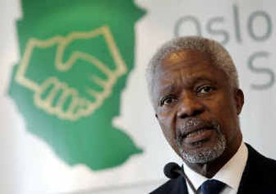 
U.N. Secretary General Kofi Annan holds a press conference during the international conference on aid for Sudan in Oslo, Norway, on Monday. 
 (Associated Press / The Spokesman-Review)
