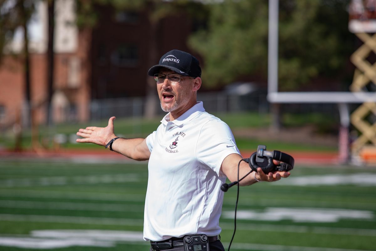 Whitworth head coach Rod Sandberg questions an official’s call  on Sept. 15 at the Pine Bowl. (Libby Kamrowski / The Spokesman-Review)