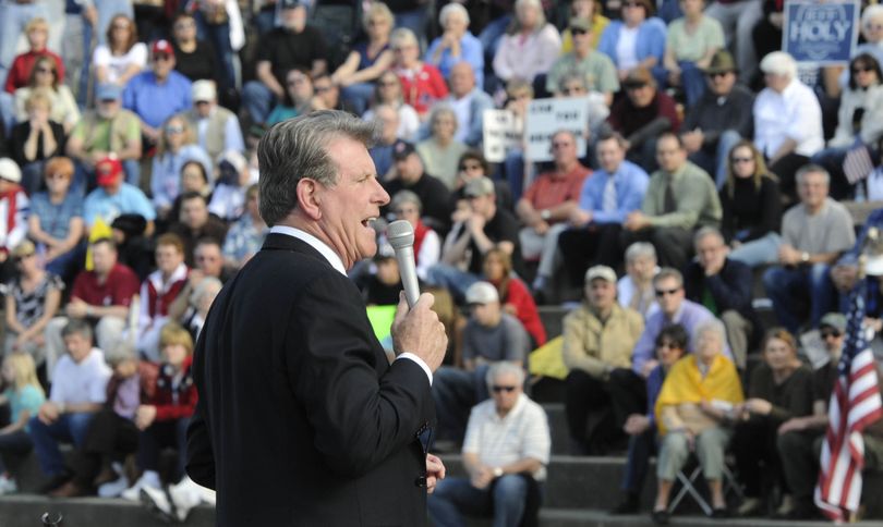 Idaho Gov. Butch Otter rallies the crowd at the Tea Pary Rally, April 15, 2010 on the steps of the Spokane Convention Center in Spokane, Wa. (Dan Pelle / The Spokesman-Review)
