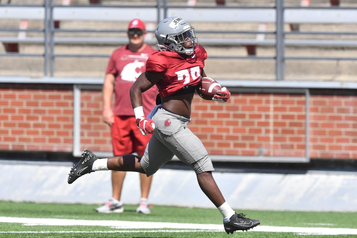 Washington State running back Jaylen Jenkins scores a 35-yard rushing touchdown during a fall camp scrimmage on Saturday at Gesa Field in Pullman.  (Tyler Tjomsland/The Spokesman-Review)