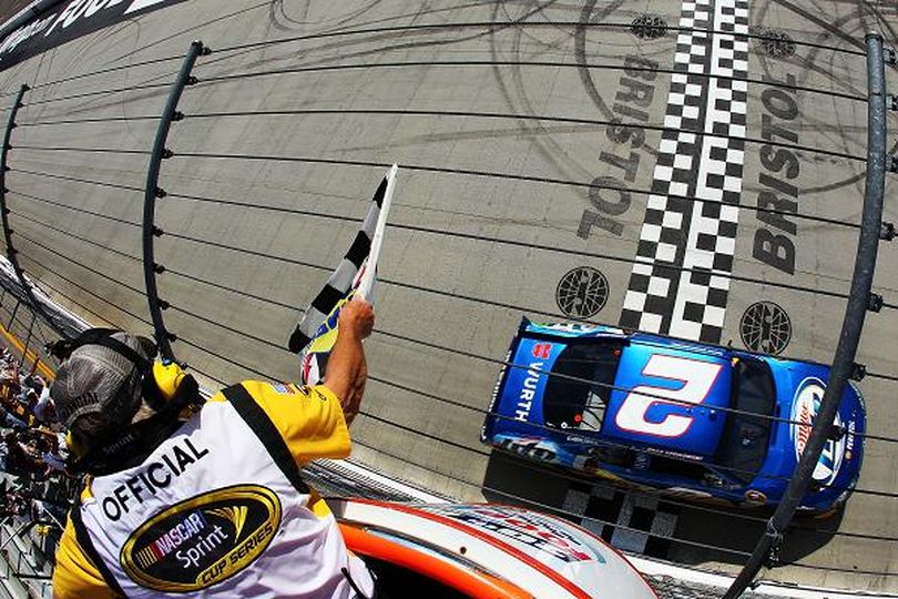 Brad Keselowski claims his second consecutive checkered flag at Bristol Motor Speedway in Sunday's NASCAR Sprint Cup Series Food City 500 at Bristol Motor Speedway in Bristol, Tenn. (Photo Credit: Justin Edmonds/Getty Images for NASCAR) (Justin Edmonds / Getty Images North America)