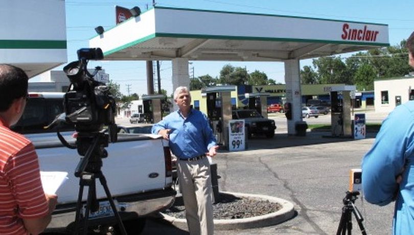 Democratic Idaho gubernatorial candidate Keith Allred calls for a 3-cent cut in Idaho's 25-cent per gallon gas tax, in a press conference Monday at a Boise gas station. (Courtesy photo)