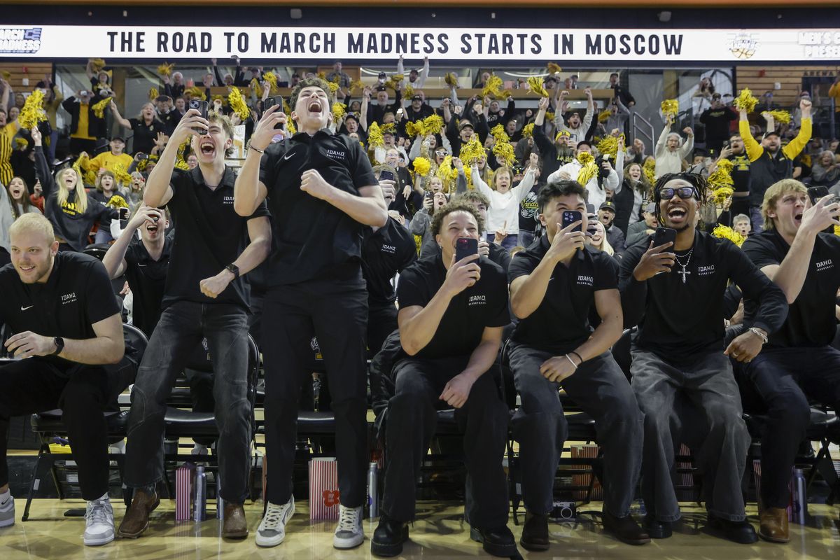 Idaho reacts after learning its pairing during a watch party for the NCAA Tournament on Sunday at ICCU Arena in Moscow, Idaho. (Geoff Crimmins)