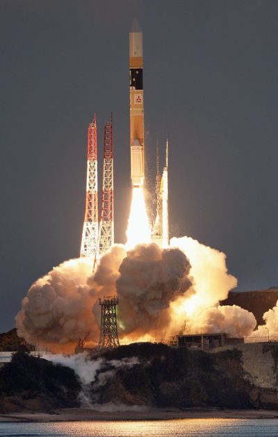 In this Feb. 17, 2016 photo, an H-2A rocket carrying an X-ray astronomy satellite called Hitomi is launched from the Tanegashima Space Center in Kagoshima Prefecture, southern Japan. Japan’s space agency says communication has failed with the newly launched, innovative satellite with X-ray telescopes meant to study black holes and other space mysteries. The agency said in a statement Sunday, March 27, 2016, that since the problem began Saturday afternoon, it hasn’t known the condition of the satellite. (Kyodo News via AP)