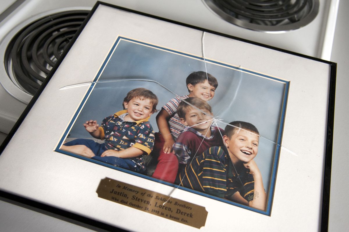A vandal broke in and ravaged the contents of the Spokane Fire Department’s Children’s Fire Safety House on Tuesday while parked near Bemiss Elementary School. A framed memorial picture of 1995 fire victims Justin, Steven, Loren and Derek Schliebe was ripped from the house’s wall and the glass smashed. (Dan Pelle)