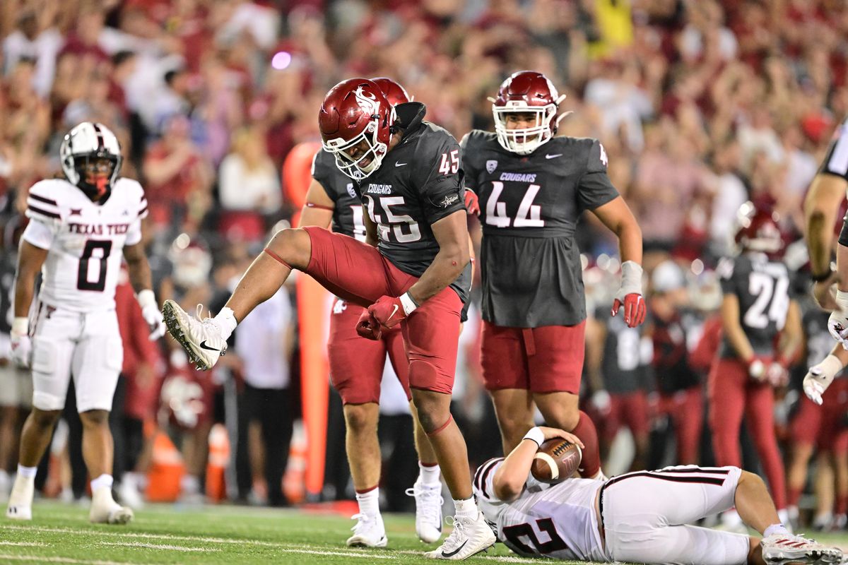 Washington State Cougars edge Raam Stevenson (45) celebrates after sacking Texas Tech Red Raiders quarterback Behren Morton (2) during the second half of a college football game on Saturday, Sep. 7, 2024, at Gesa Field in Pullman, Wash. WSU won the game 37-16.  (Tyler Tjomsland/The Spokesman-Review)