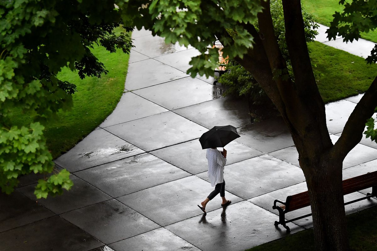 A woman carries an umbrella as she walks through the Spokane County Courthouse campus on Aug. 9, 2019  (Tyler Tjomsland/THE SPOKESMAN-REVIEW)