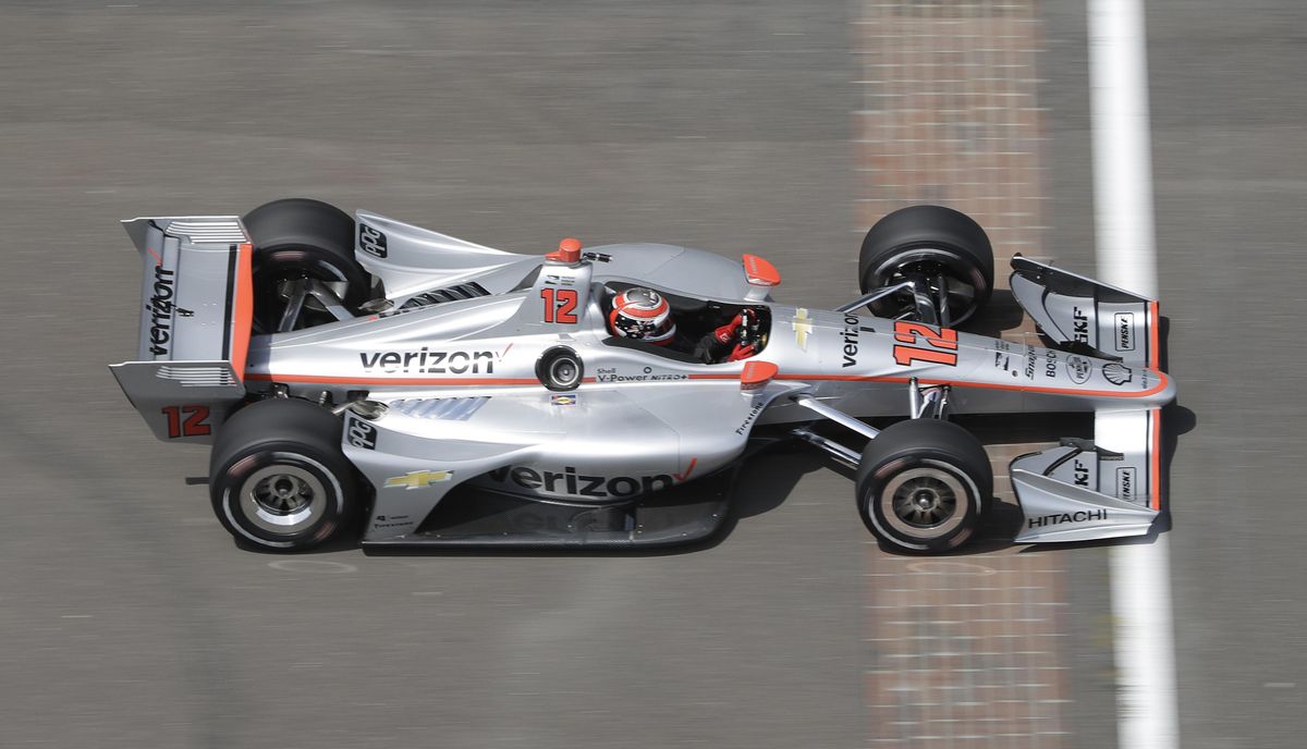 Will Power, of Australia, drives across the start/finish line during a practice session for the IndyCar Grand Prix auto race at Indianapolis Motor Speedway, in Indianapolis Friday, May 11, 2018. (Darron Cummings / Associated Press)