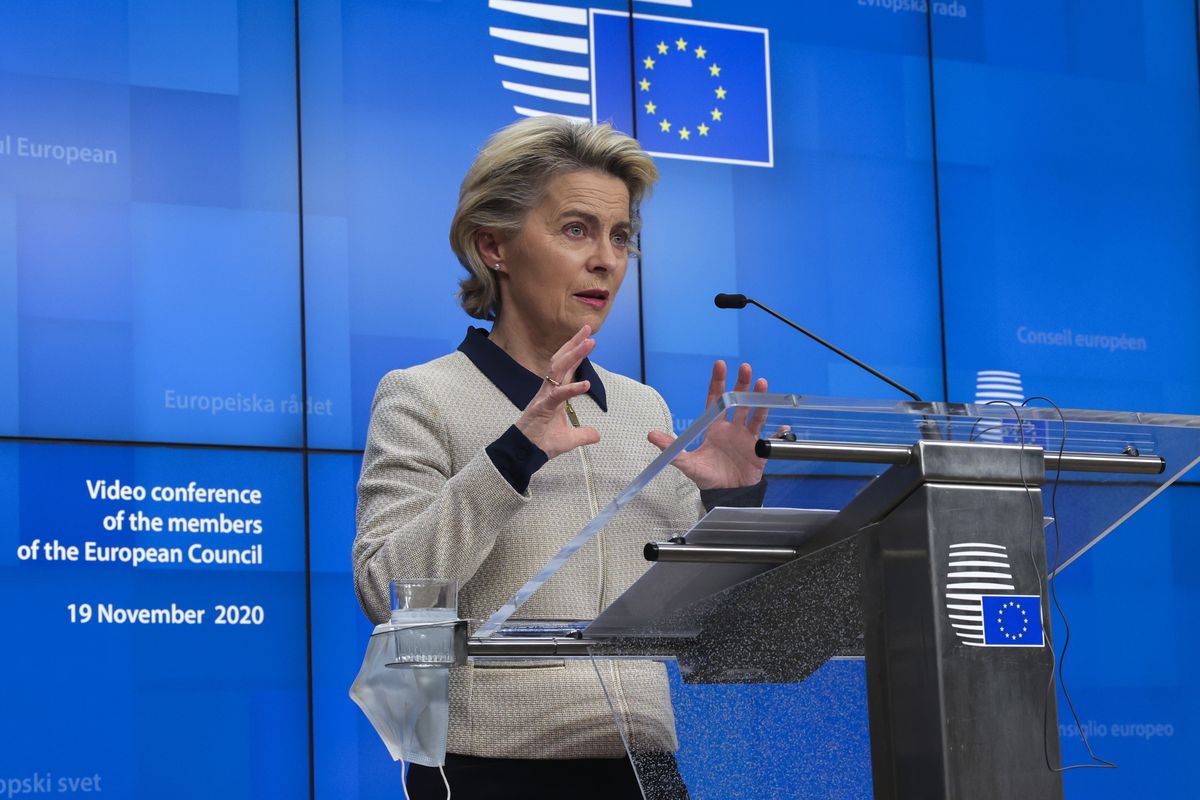 European Commission President Ursula von der Leyen speaks during a news conference following an EU Summit video conference at the European Council building in Brussels, Thursday, Nov. 19, 2020. European Union leaders made no progress Thursday toward resolving a diplomatic dispute with EU members Poland and Hungary to unlock a 1.8 trillion-euro ($2.1 trillion) budget and recovery package aimed at putting the bloc