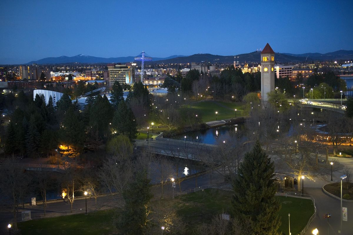 Riverfront Park at dusk, April 9, 2014. (Colin Mulvany / The Spokesman-Review)