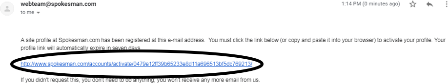 Screenshot of activation email link