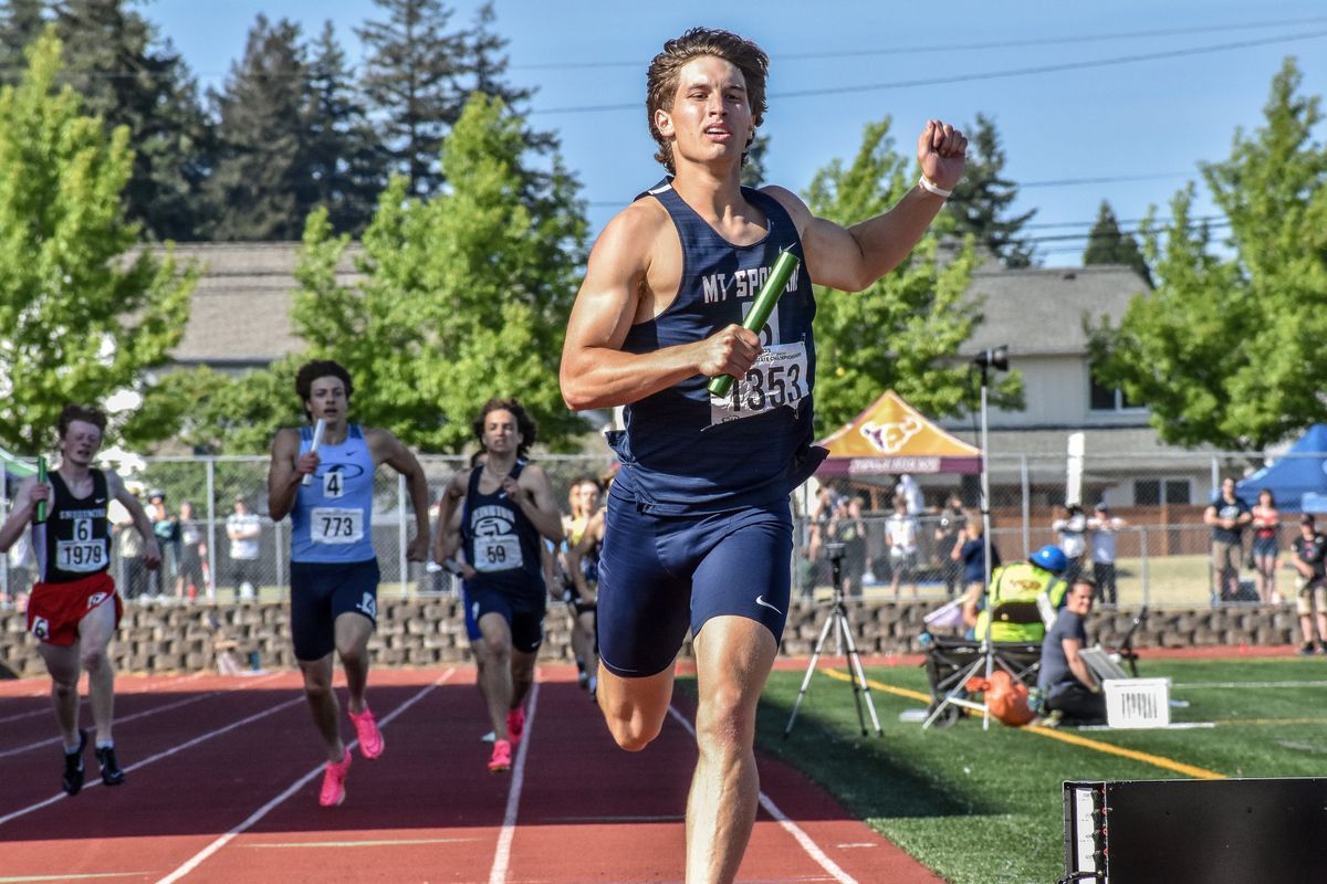 Mt. Spokane’s Bode Gardner runs the final leg of the State 3A 4x400-meter relay Saturday at Mount Tahoma High School.  (Keenan Gray/For The Spokesman-Review)