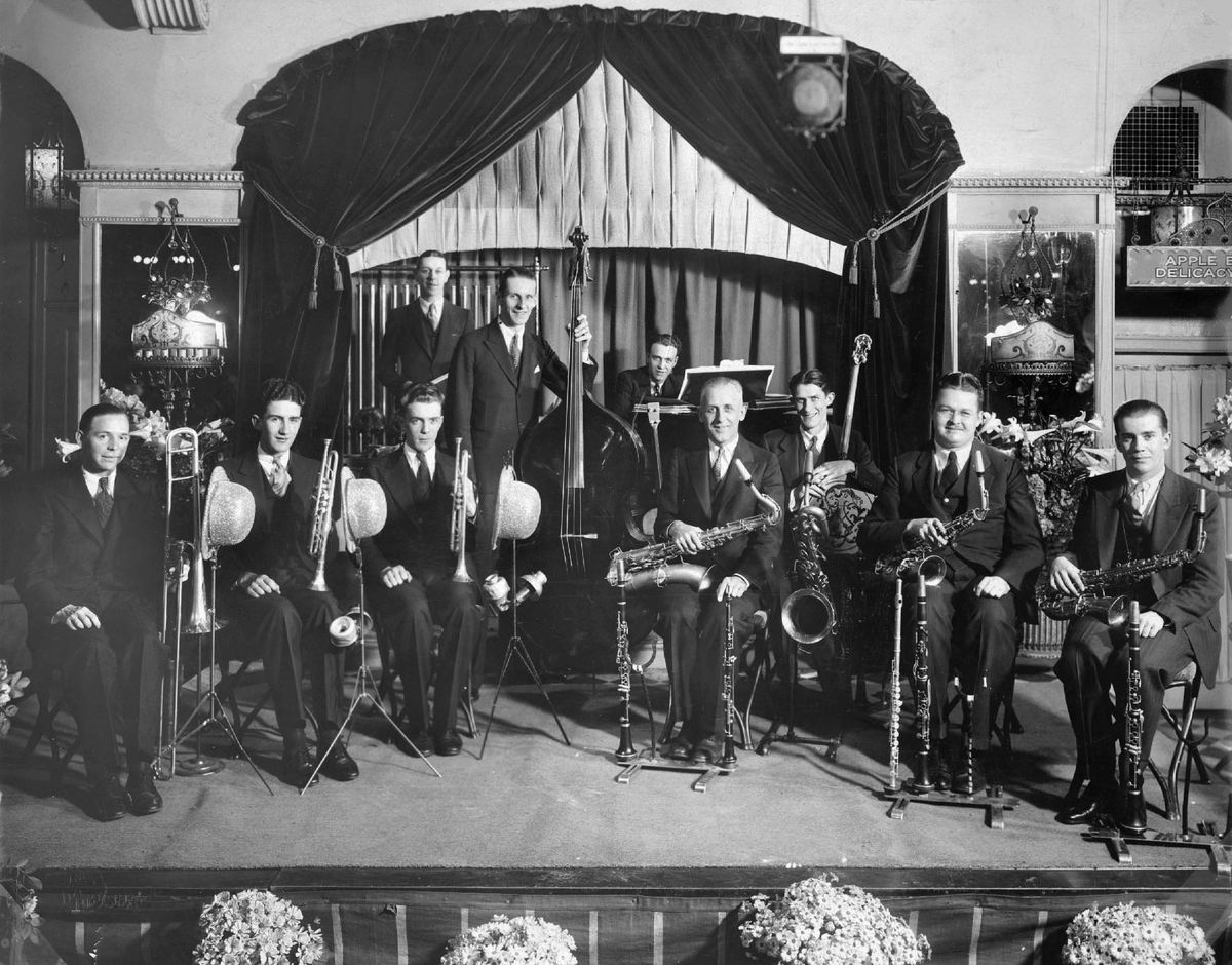 1930: Orchestra members, including “Dutch” Groshoff, third from right, assemble on the stage at the Garden Dance Palace at 333 W. Sprague Ave., one of Spokane’s most popular dance halls of the era. It opened in 1919 as Whitehead’s Dancing Palace, and was renamed the Garden Dance Palace in 1923. (SPOKESMAN-REVIEW PHOTO ARCHIVES)