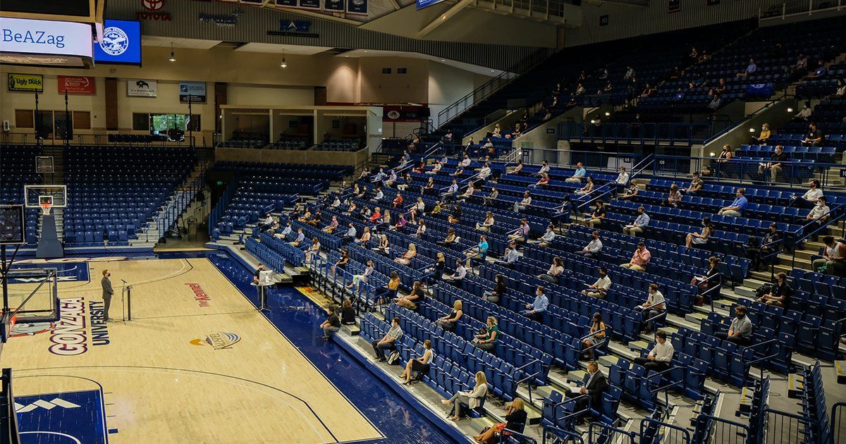Gonzaga Law School holds an orientation session, allowing for social distancing between students during the pandemic, at McCarthey Athletic Center at Gonzaga University in Spokane in August 2020. The law school has launched full scholarship in honor of the late Carl Maxey, a lawyer and civil rights leader who graduated from the GU School of Law in 1951. The school also created the Honorable Franklin D. Burgess Law Scholarship.  (Gonzaga Law School)
