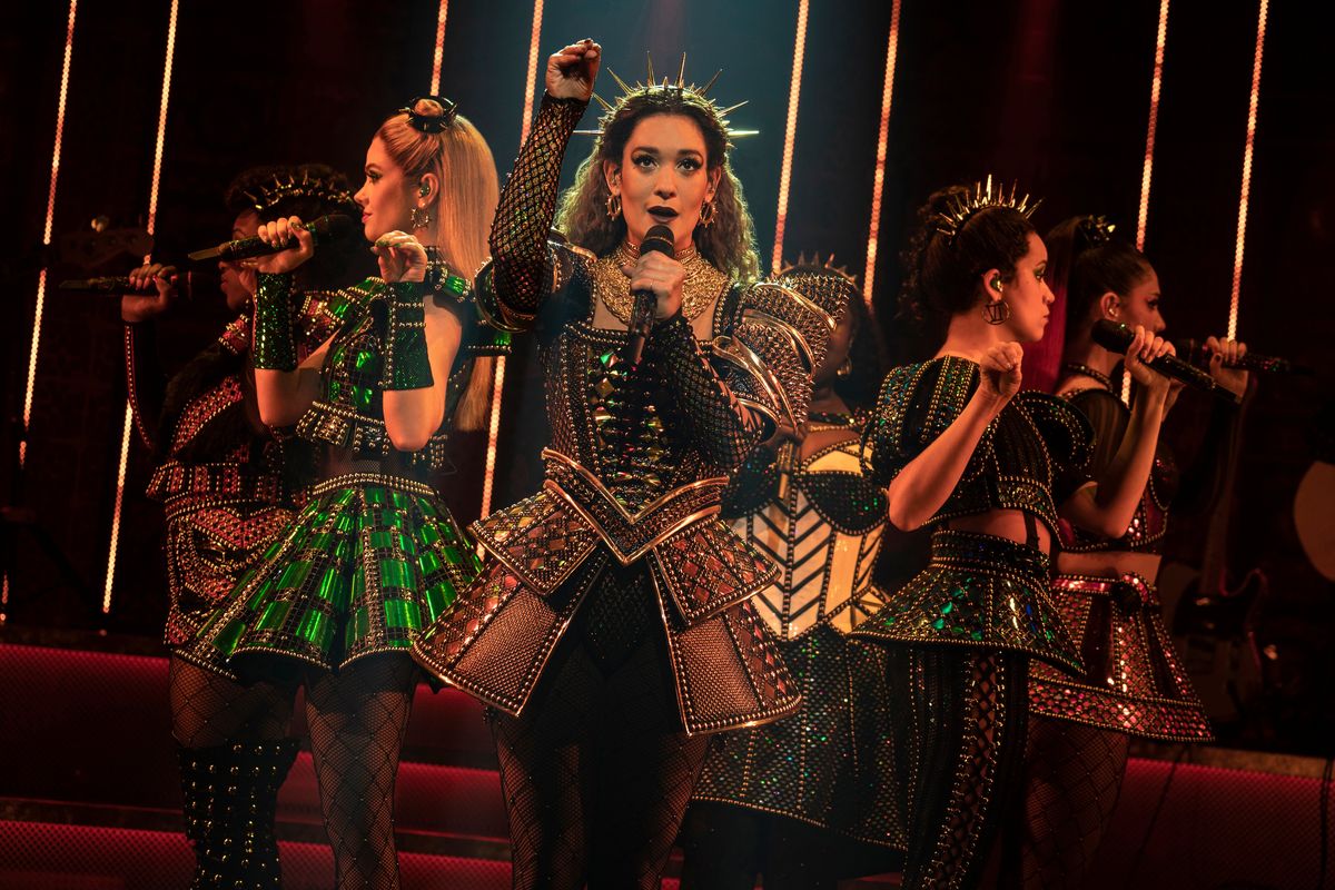 Gerianne Pérez as Catherine of Aragon, center, performs in the North American tour of "Six."  (Courtesy of Joan Marcus )