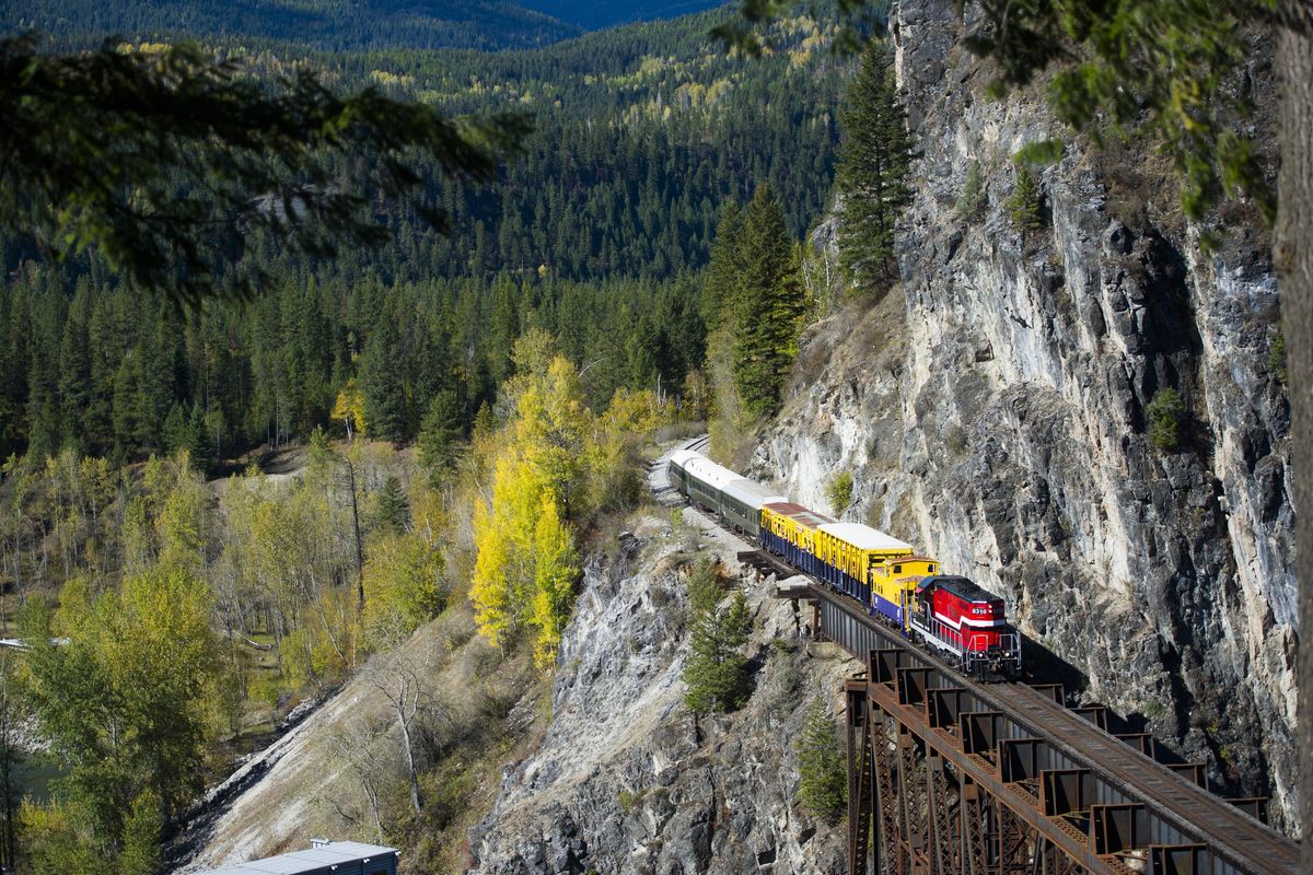 FILE - The North Pend Oreille Valley Lions Excursion Train Ride crosses the Box Canyon Trestle on Sunday, Oct 2, 2016, in Ione Wash. The scenic ride was to Newport in 2017. (Tyler Tjomsland / The Spokesman-Review)