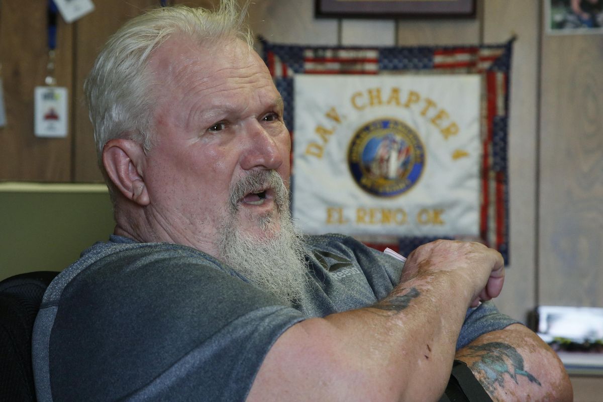 Bill Elkins, talks Thursday, June 14, 2018, during an interview VFW Post 382 in El Reno, Okla. Elkins, a disabled Vietnam veteran who volunteers at the post, said that he has mixed thoughts on the medical marijuana question. (Sue Ogrocki / AP)