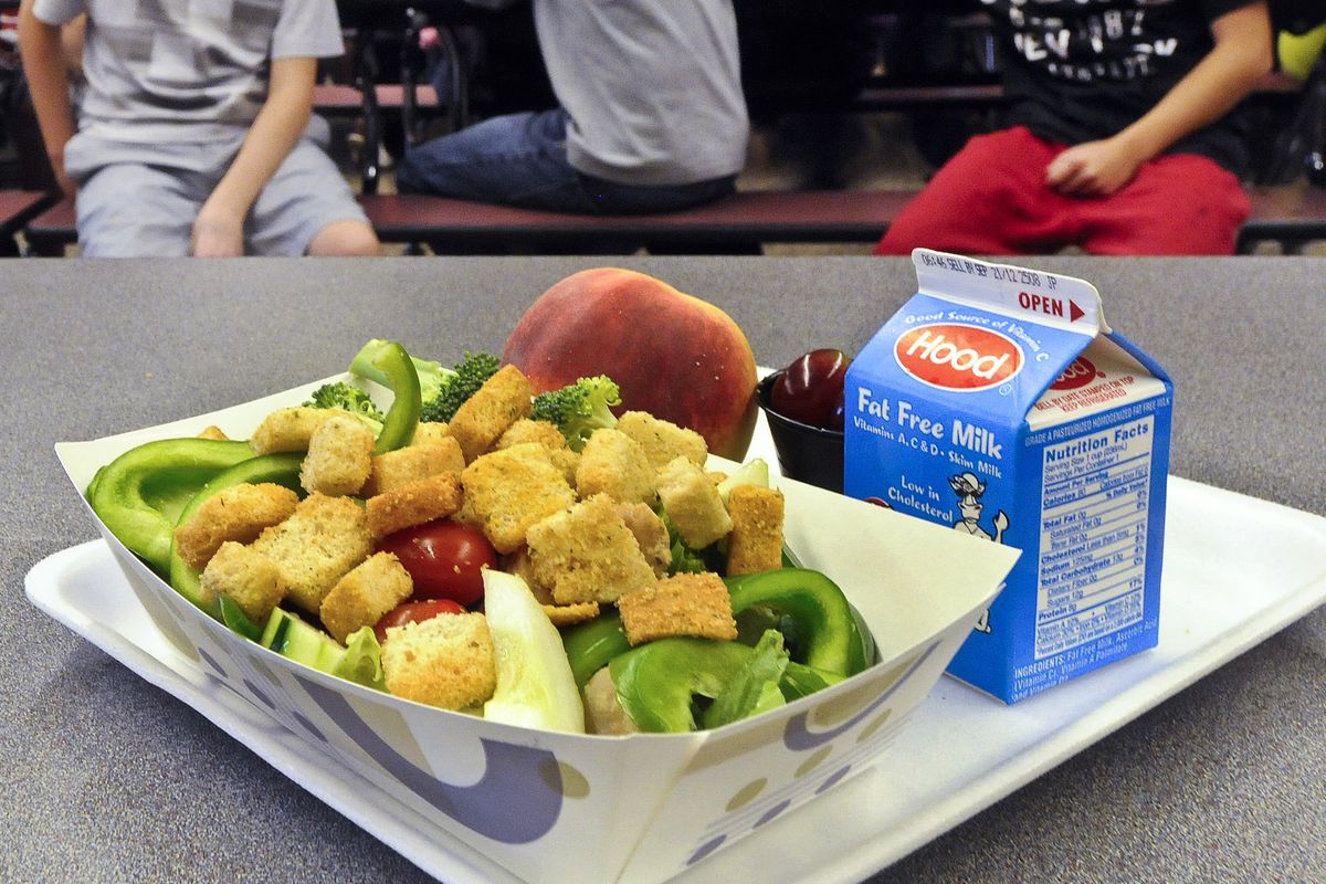 A chicken salad school lunch, prepared in 2012 under federal guidelines, sits on display at the cafeteria at Draper Middle School in Rotterdam, N.Y.  (Hans Pennink/AP)