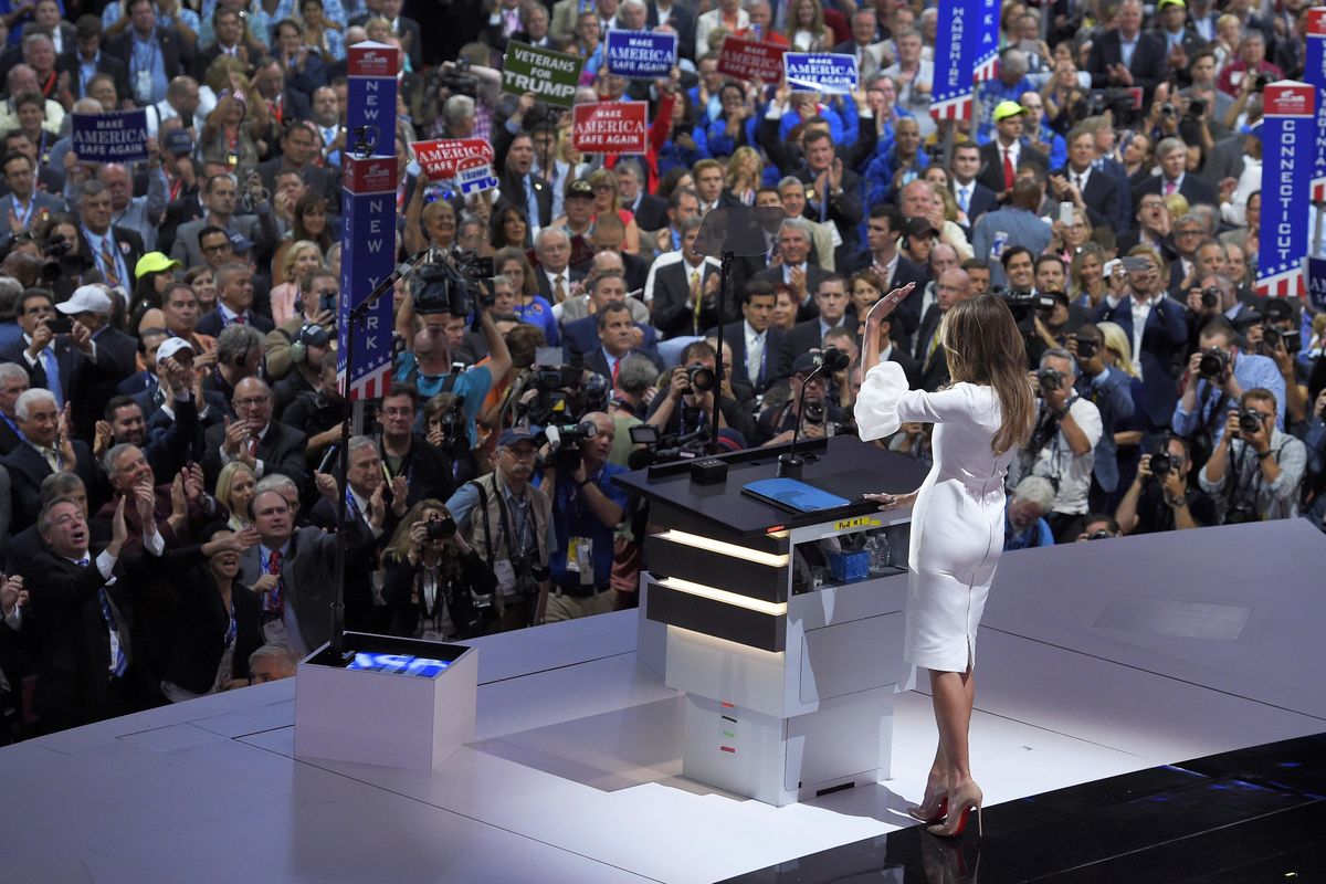 Melania Trump, wife of Republican Presidential Candidate Donald Trump waves to the delegates after her speech during the opening day of the Republican National Convention in Cleveland, Monday, July 18, 2016. (Mark J. Terrill / Associated Press)