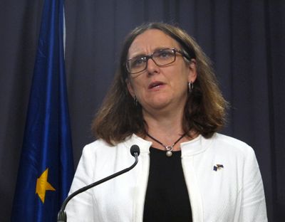 European Trade Commissioner Cecilia Malmstrom speaks during a joint press conference with Australian Prime Minister Malcolm Turnbull at Parliament House in Canberra, Australia, Monday, June 18, 2018. Trade liberalization continues to have global momentum despite recent U.S. tariffs on steel and aluminum imports, Malmstrom said as she launched free trade negotiations between the European Union and Australia. (AP Photo/Rod McGuirk) ORG XMIT: TKTT113 (Rod McGuirk / AP)