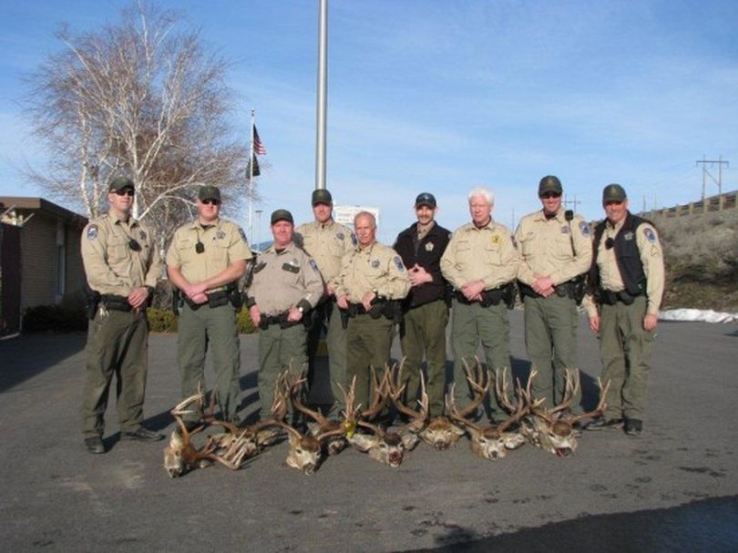 Washington Fish and Wildlife police pose with the trophy buck heads seized from a horse trailer on the Colville Indian Reservation that led to illegal hunting charges in October, 2013, against Garret V.J. Elsberg, 24, a member of the Colville Tribe. (Washington Department of Fish and Wildlife)