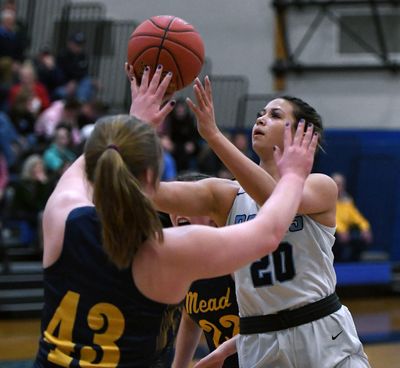 Central Valley guard Peyton Howard (20) shoots the ball as Mead post Jordynn Hutchinson (43) defends during the first half of a GSL high School basketball game, Fri., Jan. 31, 2020, at Central Valley High School. (Colin Mulvany / The Spokesman-Review)