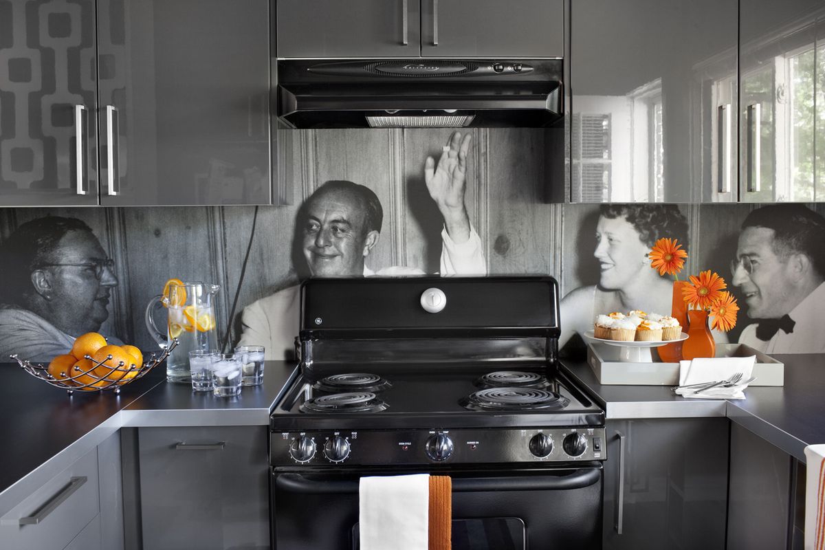  A kitchen designed by Brian Patrick Flynn/Decor Demon shows how a backsplash can turn favorite photos into useful design elements. Flynn suggests having old images scanned in high resolution, then printed on UV resistant, easy to clean vinyl, which installs just like wallpaper. 