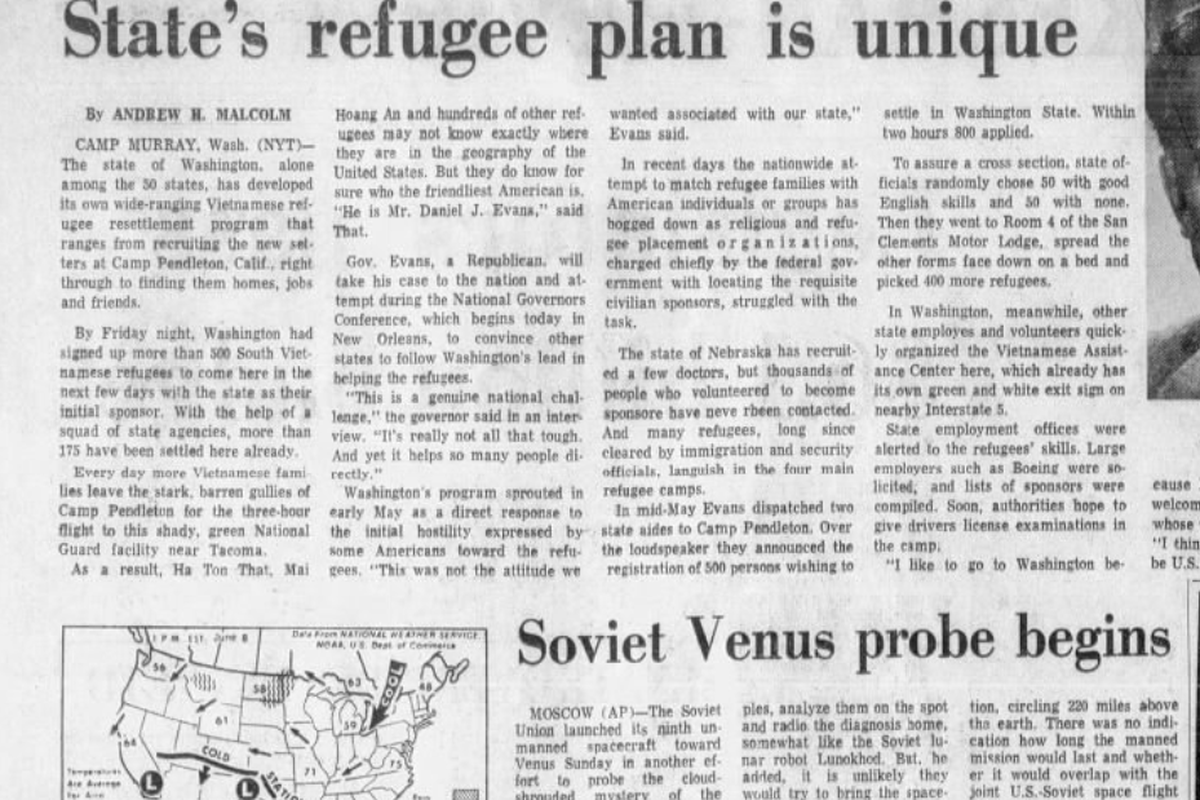 The New York Times reported June 9, 1975, that Washington state had developed its own "wide-ranging Vietnamese refugee resettlement program," which recruited settlers from a California camp and would help find "them homes, jobs and friends."  (Spokesman-Review archives)