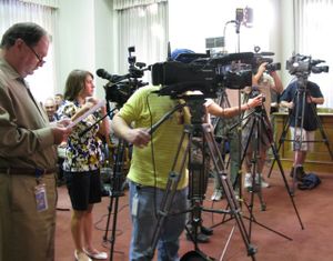 Members of the press await Gov. Butch Otter's announcement Friday of new state budget cuts. (Betsy Russell / The Spokesman-Review)