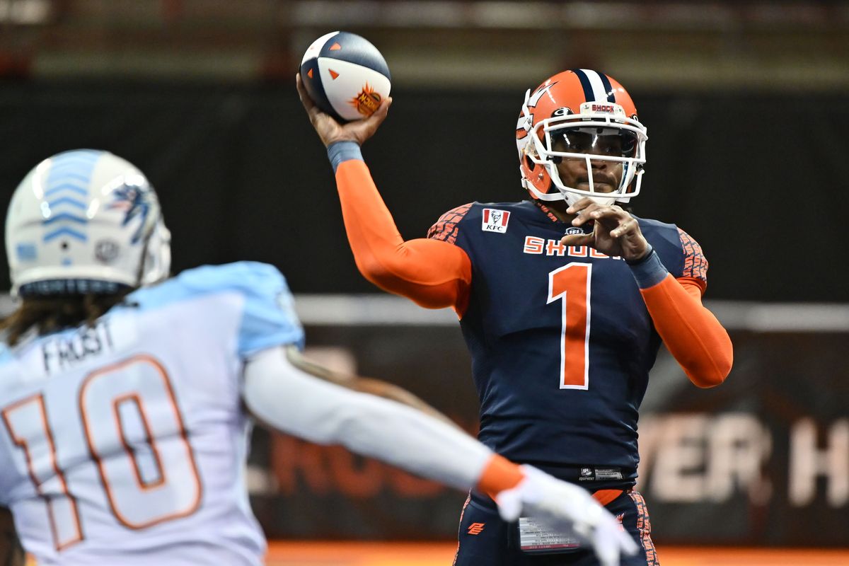 Spokane Shock quarterback Charles McCullum is 457 yards shy of the Indoor Football League’s career record for passing yards (11,942).  (James Snook/For The Spokesman-Review)