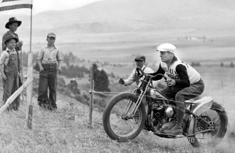 George Faulders crosses the finish line of a hill climb race in 1940.  The avid racer worked at Brush Cycle at the time and bought the business in 1952.  
