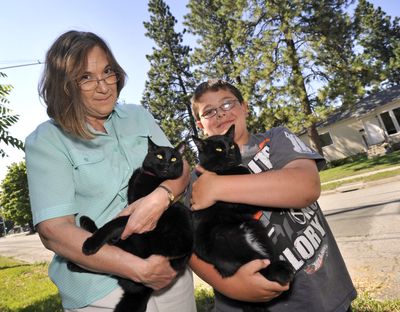 Karen Fishburn, left, holds a cat she helped rescue from a tree. Kyle Robinson, right, holds another cat apparently acquainted with the treed critter. If you recognize the cats email Fishburn at rkfishburn@aol.com. (Dan Pelle)