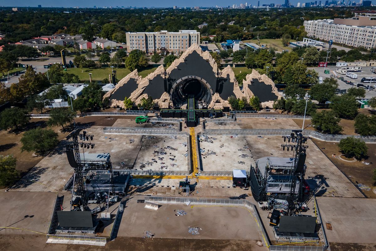 The Astroworld main stage where Travis Scott was performing Friday evening where a surging crowd killed eight people, sits full of debris from the concert, in a parking lot at NRG Center on Monday, Nov. 8, 2021, in Houston.  (Mark Mulligan)