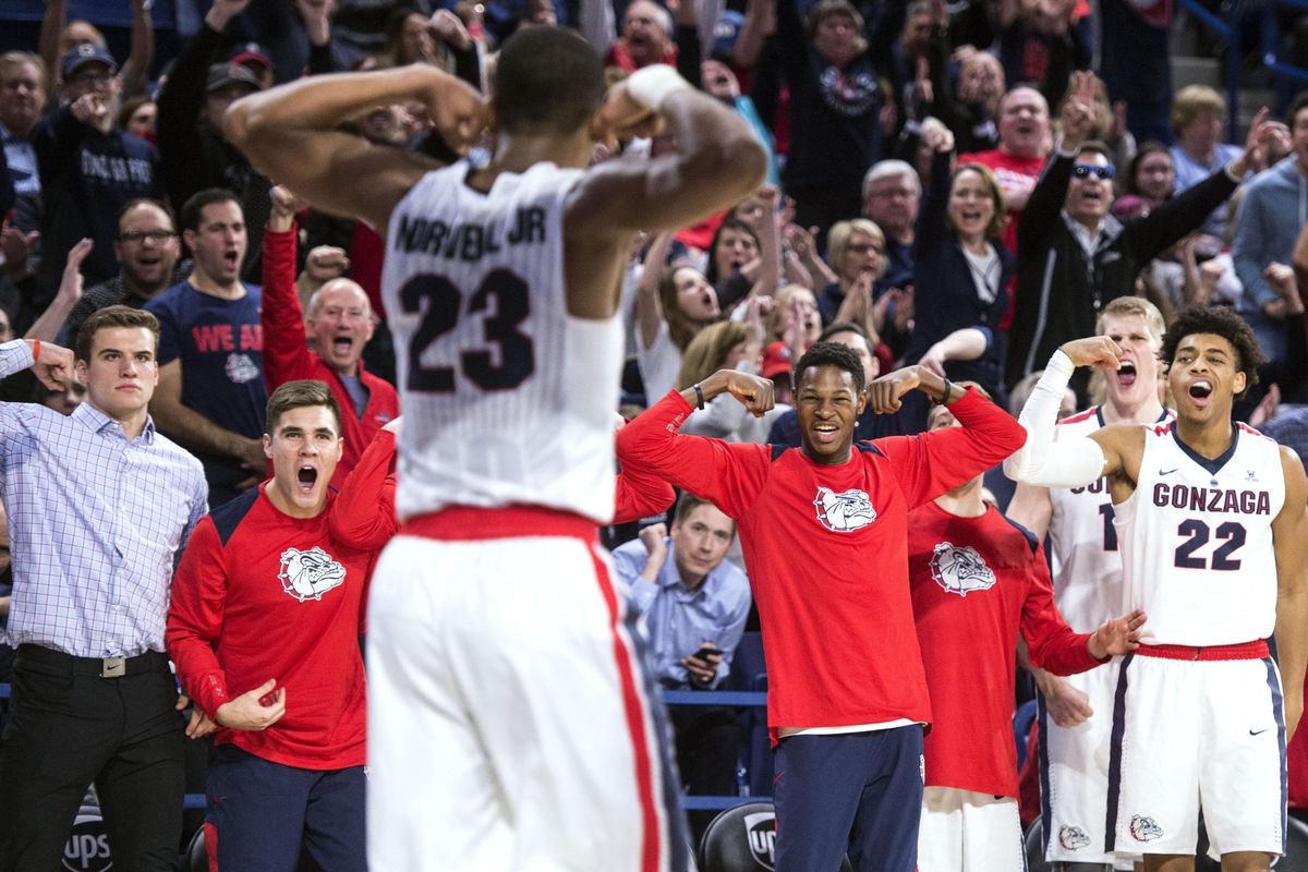 Gonzaga’s bench celebrates with Zach Norvell Jr. after he scored and was fouled during the win over Creighton last season. (Dan Pelle / The Spokesman-Review)