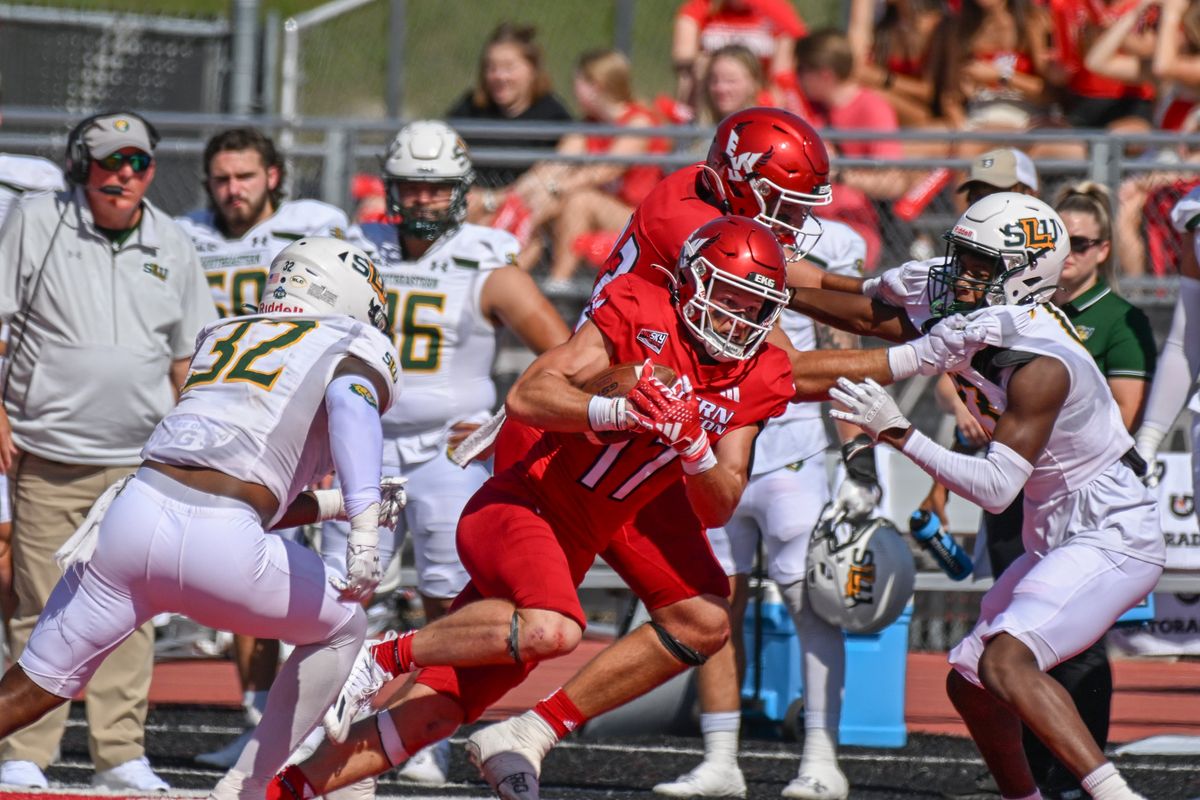 Eastern Washington receiver Nolan Ulm, center, pictured in a 2023 game against Southeastern Louisiana, has played 41 games since arriving in Cheney in 2021.  (Jesse Tinsley/The Spokesman-Review)